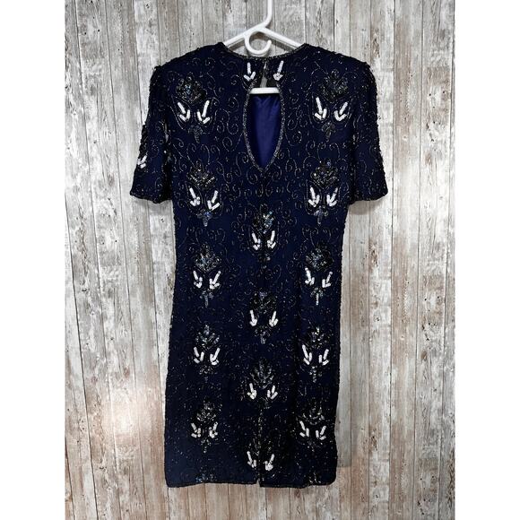 Vintage 80s Stenay Sheath Dress Womens 14 Navy Blue Silk Sequin Beaded Cocktail - Picture 1 of 7